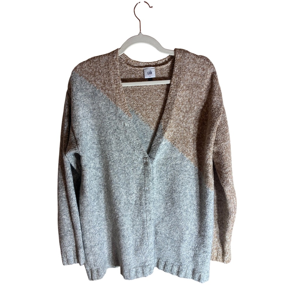 Cabi Womens grandpa Cardigan Sweater Gray Tan Snap V-Neck Knit Small